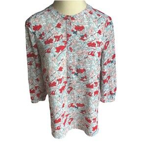 NYDJ Floral Pintuck Blouse Medium 3/4 Sleeves Hidden Button Front Curved Hem